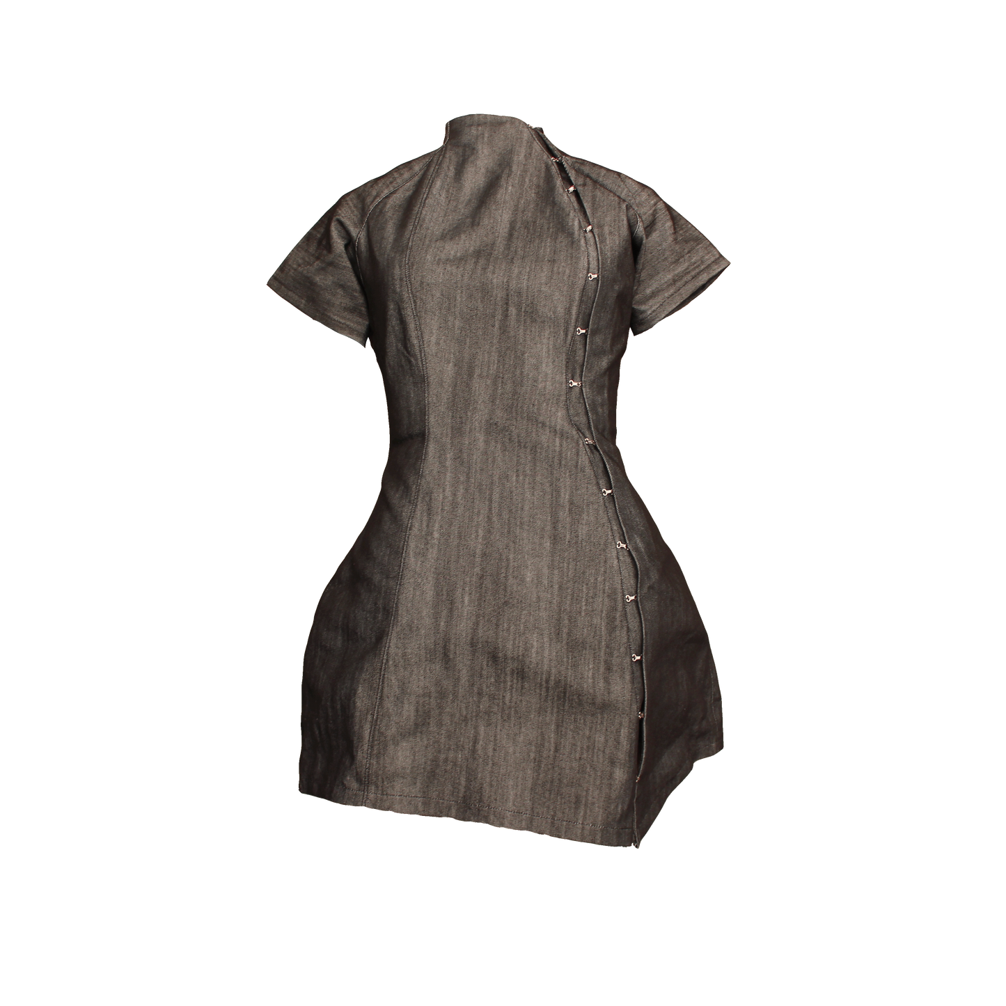 A gray denim dress with asymmetrical hook and eye closures, fitted raglan sleeves, and a pointed hemline.